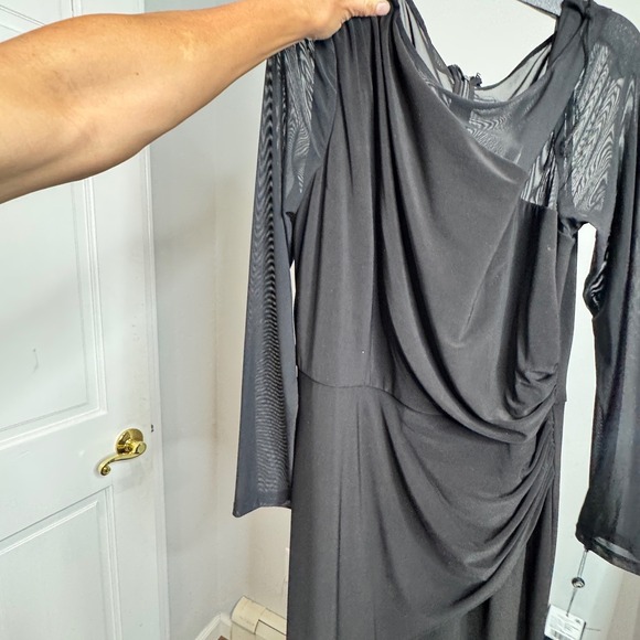 Adrianna Papell Black Draped Mesh Sleeve Jumpsuit Evening Dress Pant Size 12 New - Picture 2 of 10